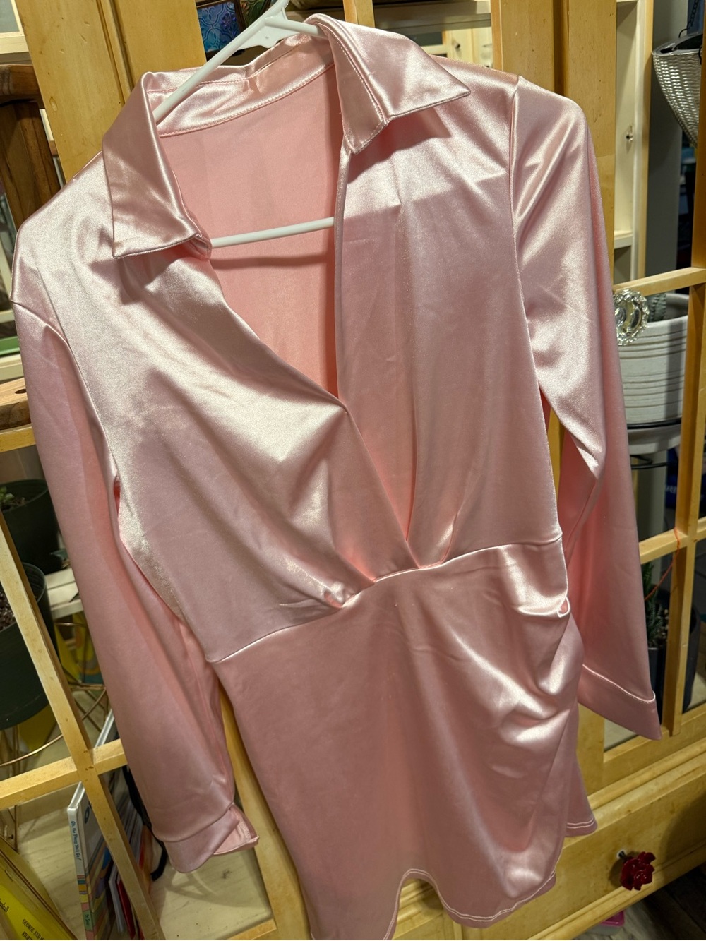 Pink Satin Long Sleeve V-Neck Dress
